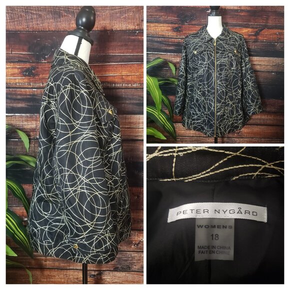 Peter Nygard Jacket Blazer 18 Embroidered 3/4 Sleeves Black Gold Full Zip Lined - Picture 2 of 9